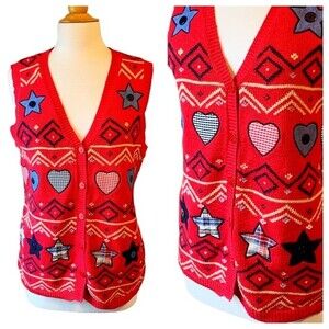 Vintage Embroidered Red Intarsia Patchwork Heart Star Sweater Vest - Large